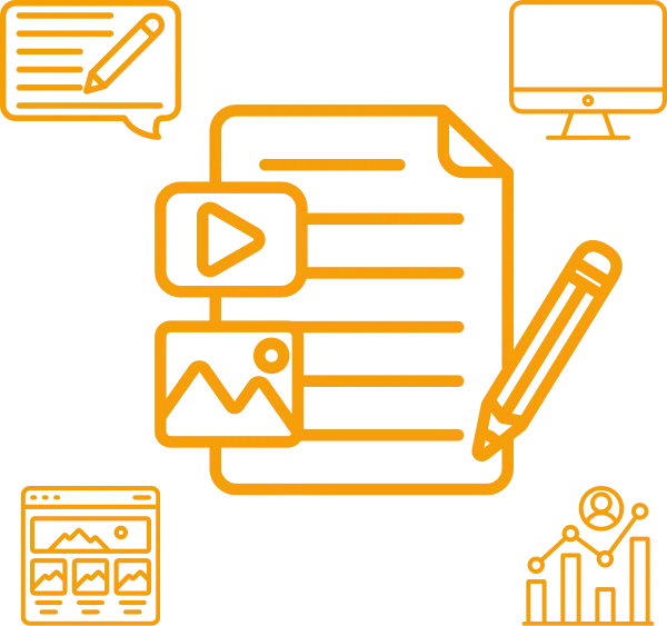 Landing oldal készítés csomag illusztrációja: középen szöveges dokumentum ceruzával, körülötte kép- és videóikon, monitor, weboldal-előnézet és grafikon a méréshez.